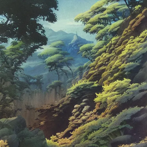 Image similar to painting of a lush natural scene on an alien planet by hiroshi yoshida. beautiful landscape. weird vegetation. cliffs and water.