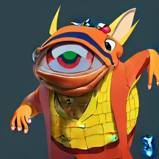 Image similar to in the style of artgerm, loish and pixar, anthropomorphic alligator, symmetrical face, symmetrical eyes, red scales on his back, yellow scale on his belly and chest, male, waring a hawaiian shirt, in the style of zootopia, hd, 4 k, high definition background