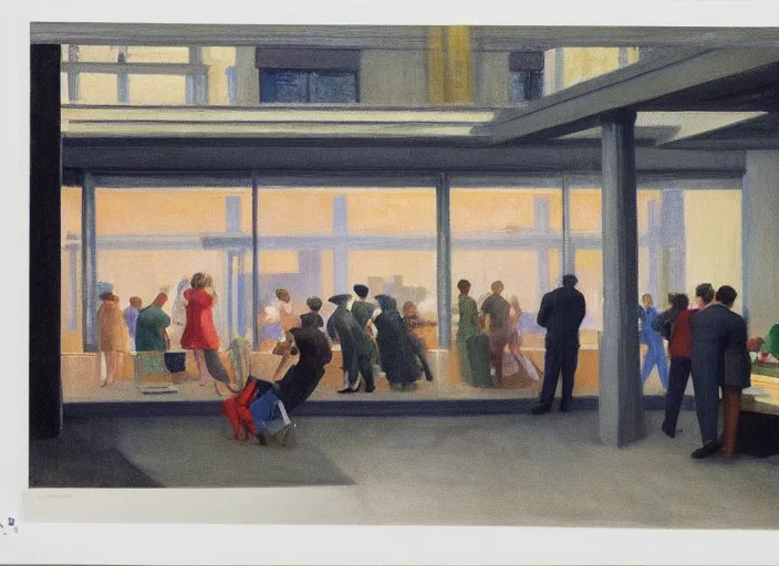 Image similar to crowd of tired working citizens carrying their daily routines on the backdrop of missiles exploding residential buildings, DSLR 35mm, by Edward Hopper