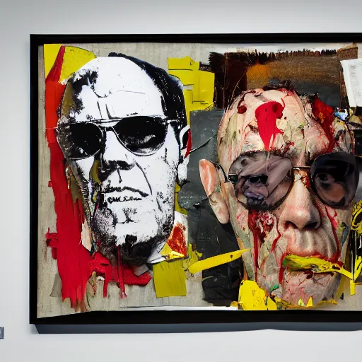 Prompt: hyperrealistic, photorealistic, mixed media oil painting of hunter s. thompson, magazine scraps, plaster, blood, oil, mustard, splatter, greg rutkowski, basquiat, ralph steadman,