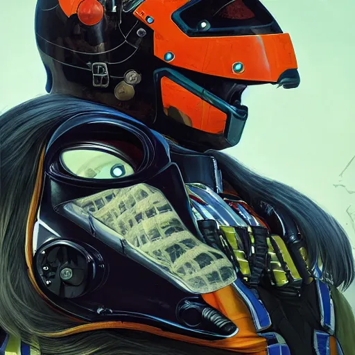 Image similar to a portrait of a monster, in an orange racing helmet by sandra chevrier, detailed render, epic composition, cybernetics, 4 k realistic, cryengine, realistic shaded lighting, sharp focus, masterpiece, by matteo scalera, gary montalbano, peter elson in the style of the tokyo ghost comic