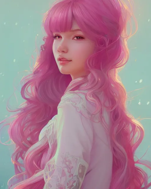 Image similar to beautiful norwegian girl pink blob hair, cute, intricate, highly detailed, digital painting, trending on artstation, concept art, smooth, sharp focus, backlit, rim light, vivid colors, illustration, unreal engine 5, 8 k, art by rossdraws and alphonse mucha