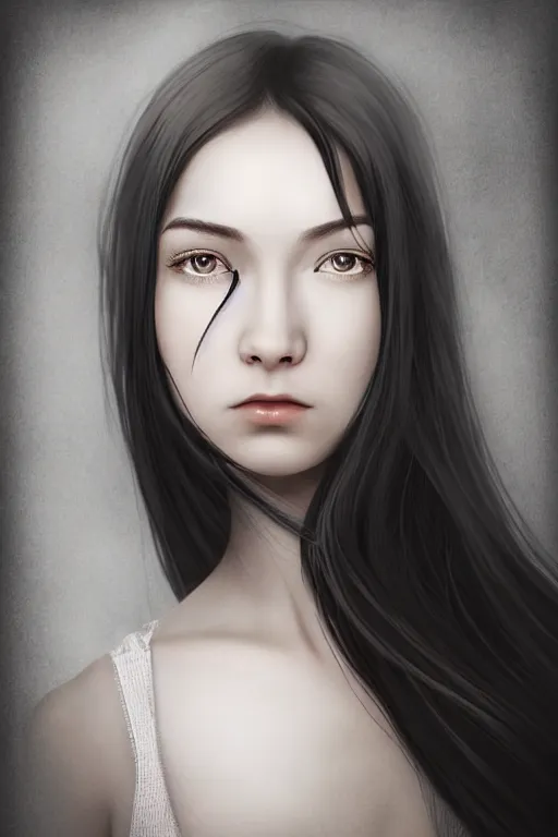 Image similar to picture portrait, young woman's face, long black hair, pale skin, digital render, super-detailed , by Goyo Hashiguchi