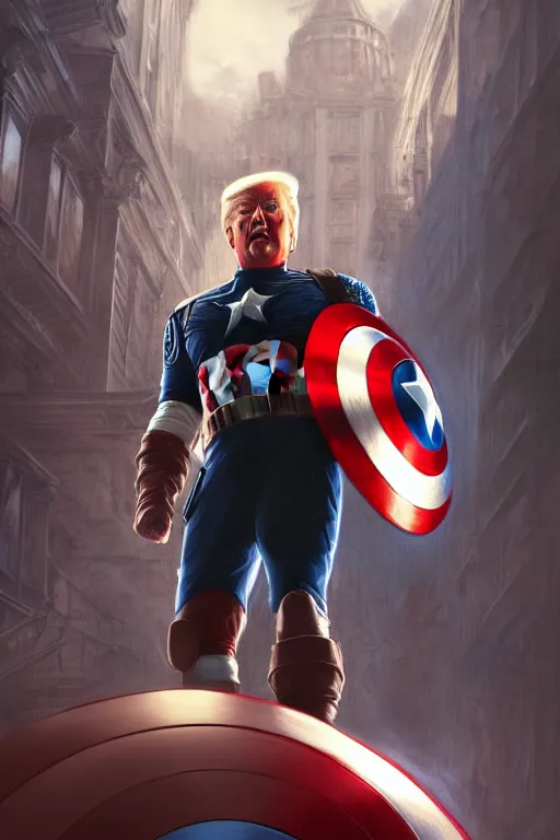 Prompt: a distant cinematic shot of Donald Trump as Captain America, D&D, fantasy, intricate, elegant, highly detailed, digital painting, artstation, concept art, matte, smooth, sharp focus, illustration, art by Artgerm and Greg Rutkowski and Alphonse Mucha, octane render, 8k, hyper realistic