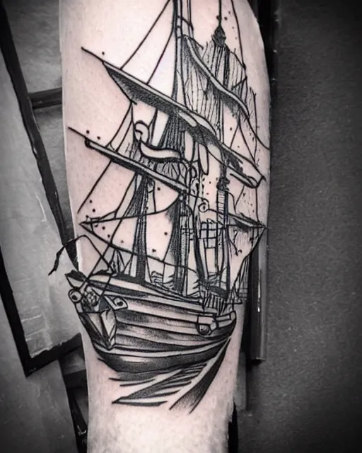 Prompt: A tattoo design on paper of a pirate ship, on paper, black and white, highly detailed tattoo, realistic tattoo, realism tattoo