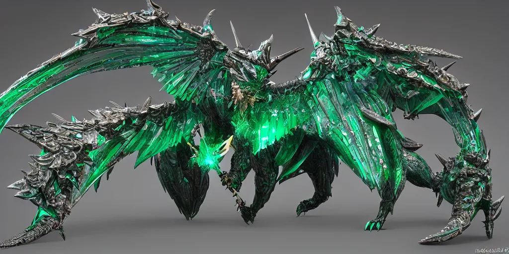 Image similar to Emerald four legged crystal bat, character design sheet, Monster Hunter Illustrations art book, big claws, sharp fangs, huge wings, long tail, iridescent scale patterns, cluster of crystals as spikes on its back, Moebius, Greg Rutkowski, Zabrocki, Karlkka, Jayison Devadas, Phuoc Quan, trending on Artstation, 8K, ultra wide angle, zenith view, pincushion lens effect.