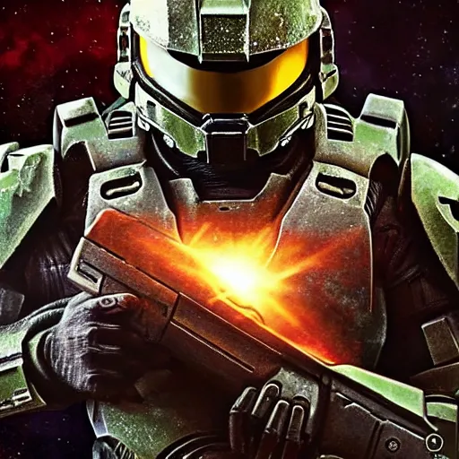 Image similar to master chief teams up with doomguy, artstation hall of fame gallery, editors choice, #1 digital painting of all time, most beautiful image ever created, emotionally evocative, greatest art ever made, lifetime achievement magnum opus masterpiece, the most amazing breathtaking image with the deepest message ever painted, a thing of beauty beyond imagination or words, 4k, highly detailed, cinematic lighting