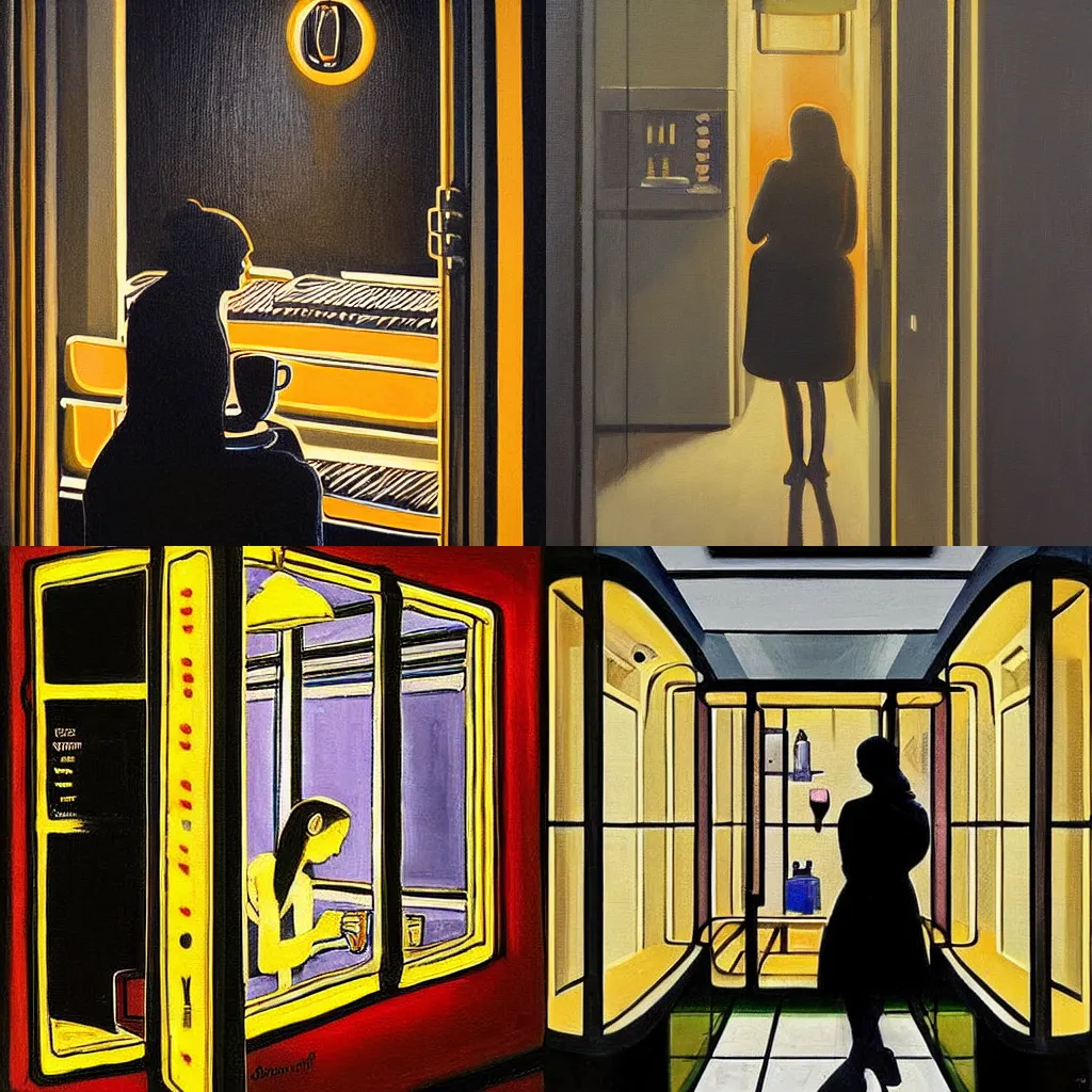 Prompt: the painting portrays a lone woman staring into a cup of coffee in an automat at night. the reflection of identical rows of light fixtures stretches out through the night - blackened windo