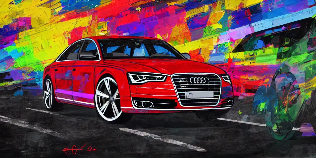 Prompt: audi a 8 pop art painting, rtx, raytracing, 8 k, highly detailed, sharp colors,