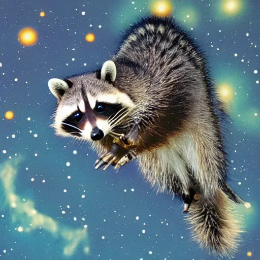Prompt: raccoon flying through the cosmos