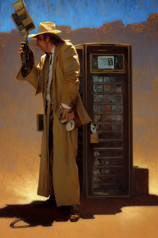 Image similar to saul goodman at a lonely!!!! pay phone in the desert!!!!, painting by'phil hale '!!! gaston bussiere, craig mullins, greg rutkowski, alphonse mucha, lady liberty