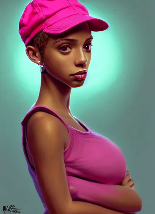 Image similar to portrait of teenage vanessa morgan with bright pink hair, black girl, vanessa morgan, curly pixie cut hair, wearing newsboy cap, newsboy cap, hoop earrings, intricate, elegant, glowing lights, highly detailed, digital painting, artstation, concept art, smooth, sharp focus, illustration, art by wlop, mars ravelo and greg rutkowski