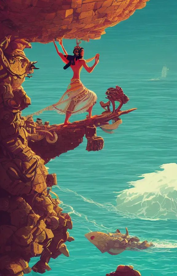 Prompt: mayan priestess floating over an ocean, sharp focus, james gilleard, moebius, print, cinematic, game art