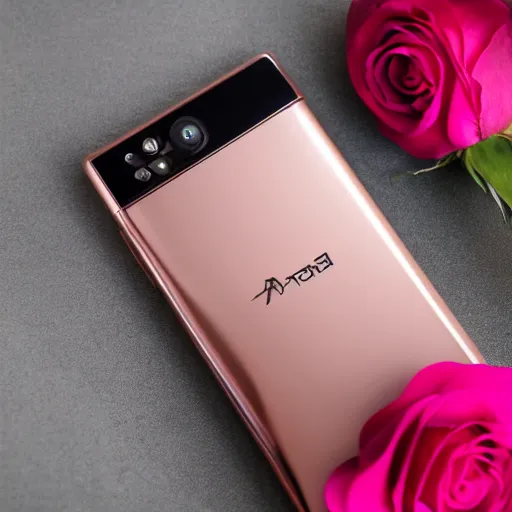 Image similar to a rose gold android phone, product picture, studio, studio light, professional, award winning photography, macro lens, 4 k