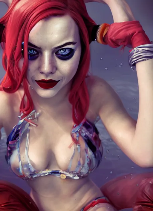 Image similar to underwater portrait of emma stone as harley quinn, hyper detailed, digital art, trending in artstation, cinematic lighting, studio quality, smooth render, unreal engine 5 rendered, octane rendered, art style by klimt and nixeu and ian sprigger and wlop and krenz cushart.