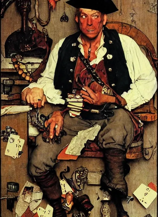 Prompt: a portrait of a pirate playing cards by Norman Rockwell