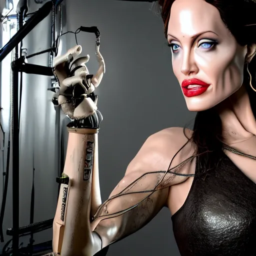 Image similar to animatronic Angelina Jolie, exposed wires, photo, Stan Winston studios, detailed, 4k