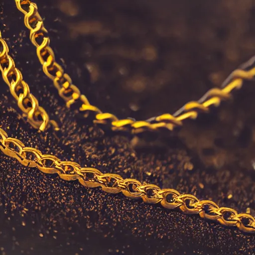 Image similar to studio photography of a gold chain, melting with lava