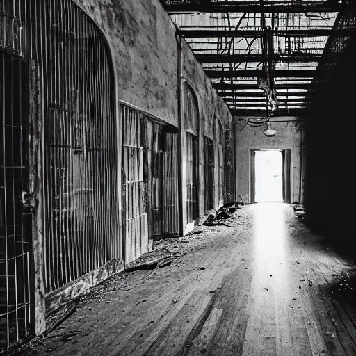 Image similar to a grainy photo of a shadowy figure in a birdcage in an old abandoned hall, black and white, motion blur, long exposure