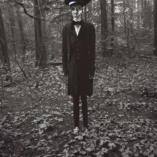 Image similar to uncanny creepy skinny 8 foot man lurking in the foggy forest with a tophat and glowing eyes, 3 5 mm photograph, vintage photo, historical archive, award winning, full body