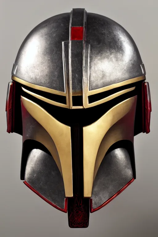 Prompt: an artistic and realistic 8k sculpture of a Mandalorian helmet, bright psychedelic color, dramatic lighting, silver gold red details, filigree, intricate details, cinematic, elegant, micro detail, octane render, filmic, interesting camera angle, nicely centered in frame, 8k post-processing, intricate art by John Collier and Alphonse Mucha and Greg Rutkowski