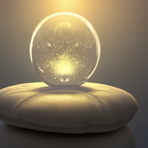 Prompt: a crystal ball placed on a pillow while glowing spirits swirl around it, concept art, 4 k.