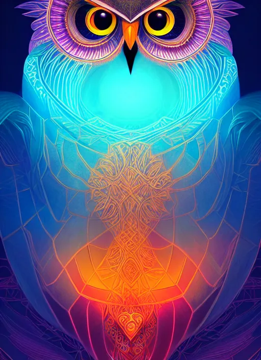 Image similar to symmetry!! product render poster vivid colors divine proportion owl, divine, glowing fog intricate, elegant, highly detailed, digital painting, artstation, concept art, smooth, sharp focus, illustration,