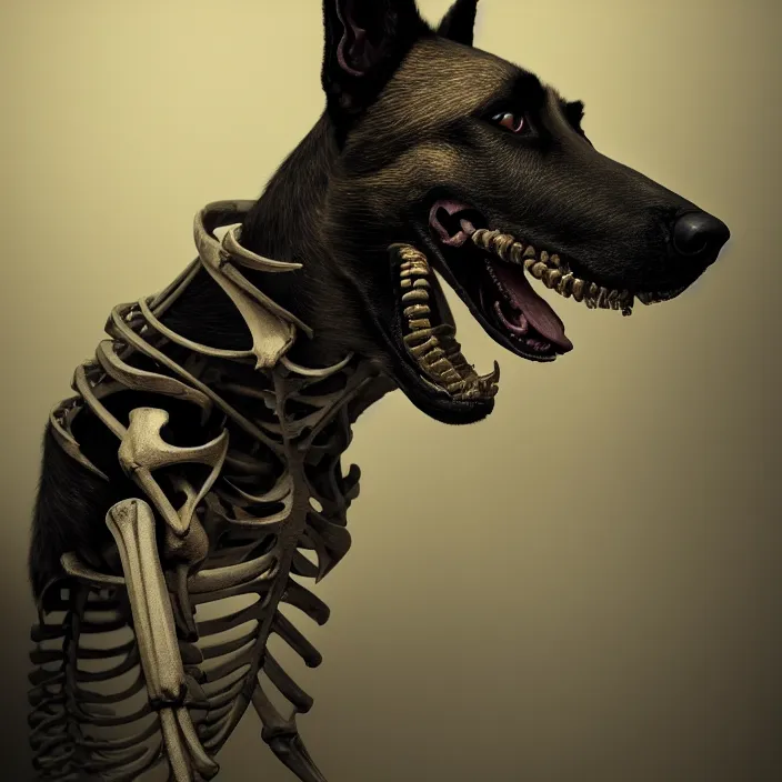 Image similar to belgian malinois, skeleton. intricate artwork. by Tooth Wu, wlop, beeple, dan mumford. octane render, trending on artstation, greg rutkowski, very coherent symmetrical artwork. cinematic, hyper realism, high detail, octane render, 8k, iridescent accents, deep blacks