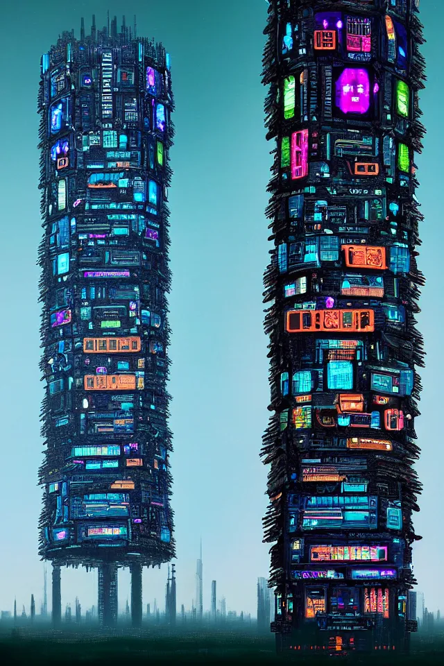 Image similar to cyberpunk tower made out of billions of stacked computer screens by simon stalenhag and dan mumford