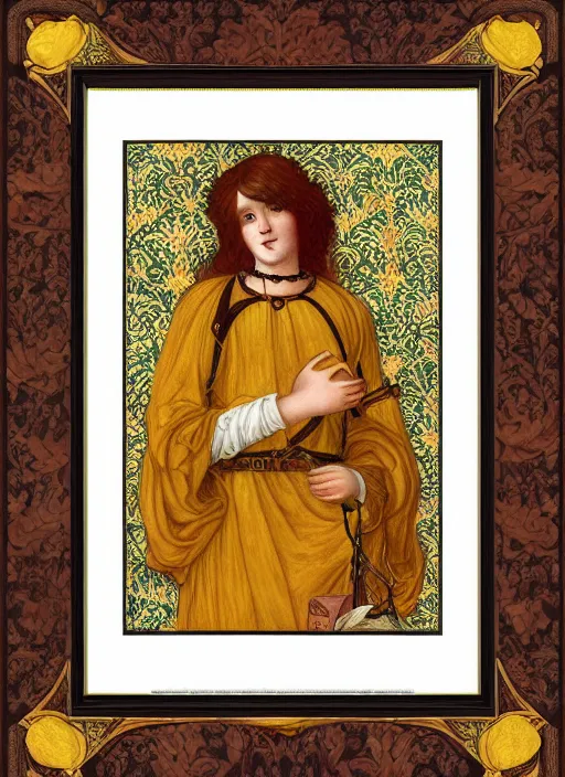 Prompt: preraphaelite full body reclining portrait photography masterpiece, perfectly poised, brown hair fringe, yellow ochre ornate medieval dress, william morris and kilian eng, framed, 4 k