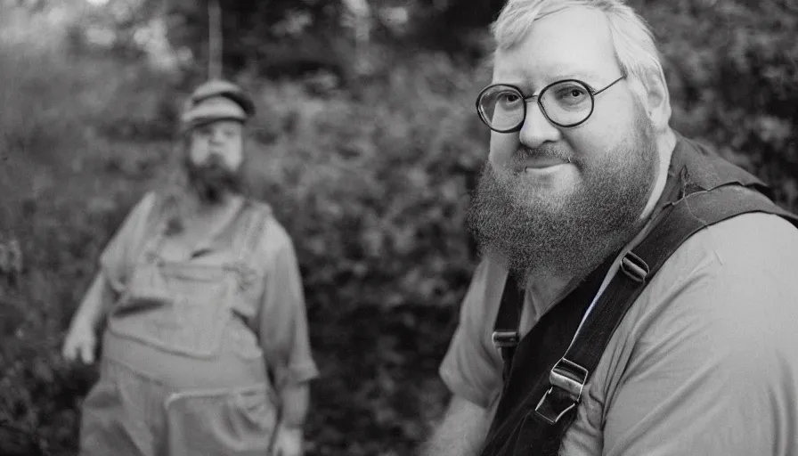 Image similar to far view, extremely fat obese mitch mcconnell with long beard, wearing dirty overalls, dirty greasy face, grin, portrait, close up, kodak gold 2 0 0, 5 0 mm,