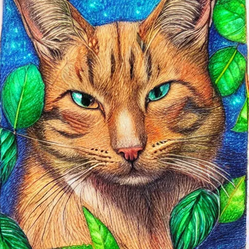Prompt: Accurate and realistic representation of a cat in a magical dense, lush forest filled with wisdom, love, and courage.. Epic composition. Harmonic colored disposition, expertly blended and shaded. HD. 8k. 4.k HQ. UHD . Colored pencils and color inks on two joined sheets of paper