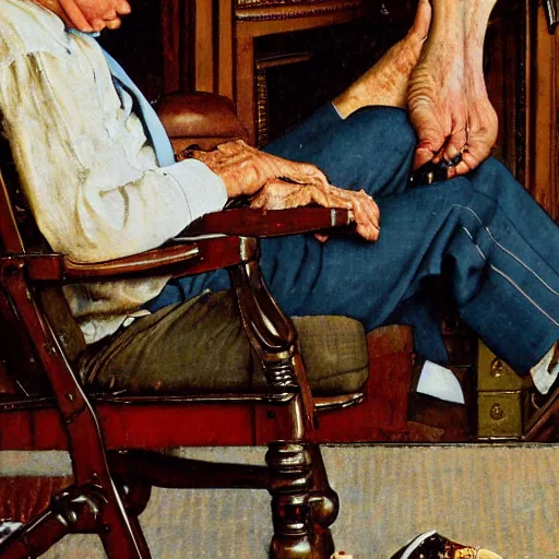 Prompt: a medium close up portrait painting by Norman Rockwell of Joe Biden sitting in a chair. Cozy fire. legs crossed