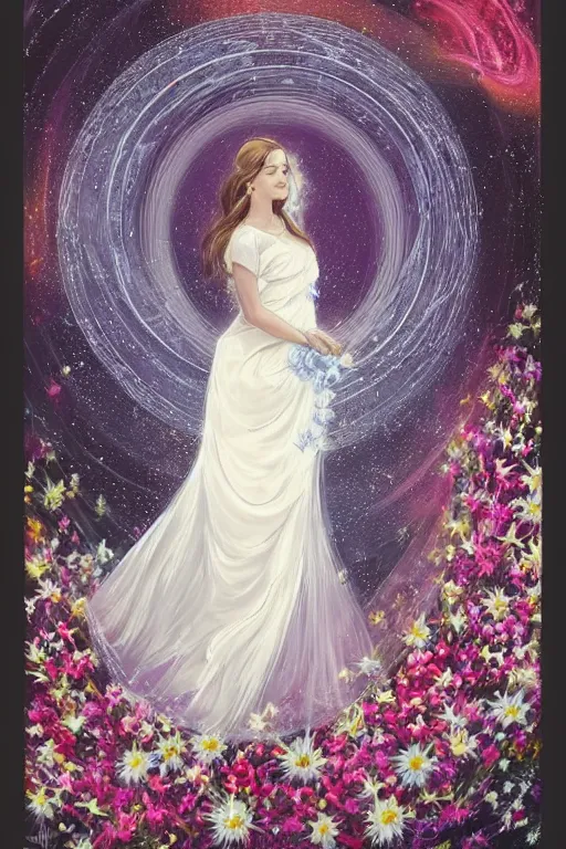 Image similar to The image depicts a woman in a flowing white dress, holding a bouquet of flowers. She is surrounded by a bright, halo-like aura. The background is a series of concentric circles, radiating out from the woman. The overall effect is one of serenity and heavenly beauty. The lithograph is printed in a limited number of colors, but the effect is very rich and detailed. Mucha's use of line is particularly notable, as it creates a sense of movement and energy around the central figure. The concentric circles in the background add to this sense of motion, while also providing a stable reference point for the viewer. The overall composition is well balanced and harmonious. The lithograph is printed in a limited number of colors, but the effect is very rich and detailed. Mucha's use of line is particularly notable, as it creates a sense of movement and energy around the central figure. The concentric circles in the background add to this sense of motion, while also providing a stable reference point for the viewer.