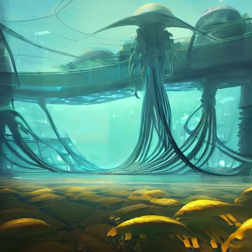 Image similar to underwater city wide angle kelp trees, retro futuristic, domes in the style of dinotopia, Yanjun Cheng and Hsiao-R