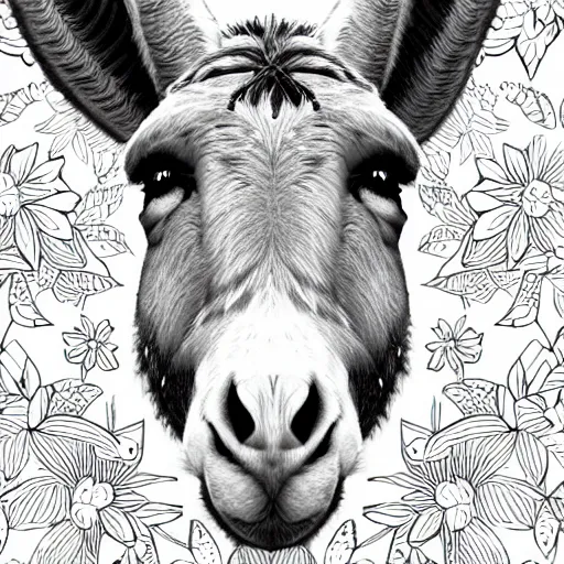 Image similar to cute cheerful donkey, colouring - in sheet, concept design, character art, sharp focus, highly detailed, artstation