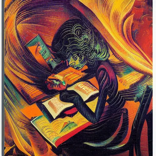 Image similar to a girl reading a book, surreal by dan mumford and umberto boccioni, oil on canvas