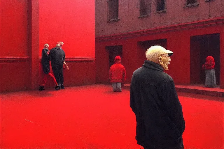 Image similar to only with red, a red old man try to sell a portrait, in a square, crowd cheering, in the style of beksinski, parts by edward hopper, parts by rodcenko, parts by yue minjun, intricate and epic composition, red by caravaggio, insanely quality, highly detailed, masterpiece, red light, artstation, 4 k