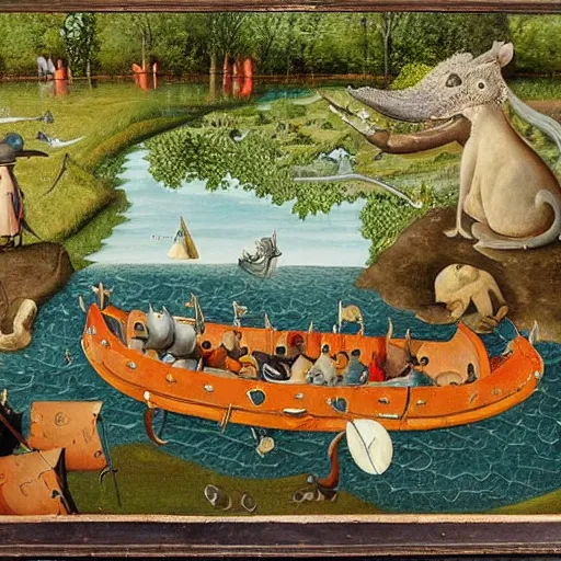 Prompt: An intricate, extremely detailed painting in a style of Hieronim Bosch featuring a river in Europe, surrounded by trees and fields. A dinghy is slowly moving through the water. Sun is shining.