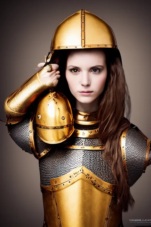 Image similar to female medieval knight, brown hair, by louis vuitton, gold and luxury materials, symmetrical, cinematic, elegant, professional studio light, real dlsr photography, sharp focus, 4 k, ultra hd, sense of awe, high fashion