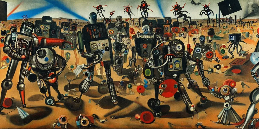 Image similar to scene from future robot battle, painting by otto dix, 8 k