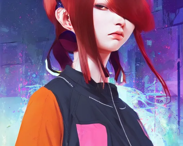 Image similar to poster woman with futuristic streetwear and hairstyle, colourful, cute face, dynamic portrait, intricate eyes,, beautiful, elegant, Anime by Kuvshinov Ilya, Cushart Krentz and Gilleard James, 4k, HDR, Trending on artstation, Behance, Pinterest, award winning