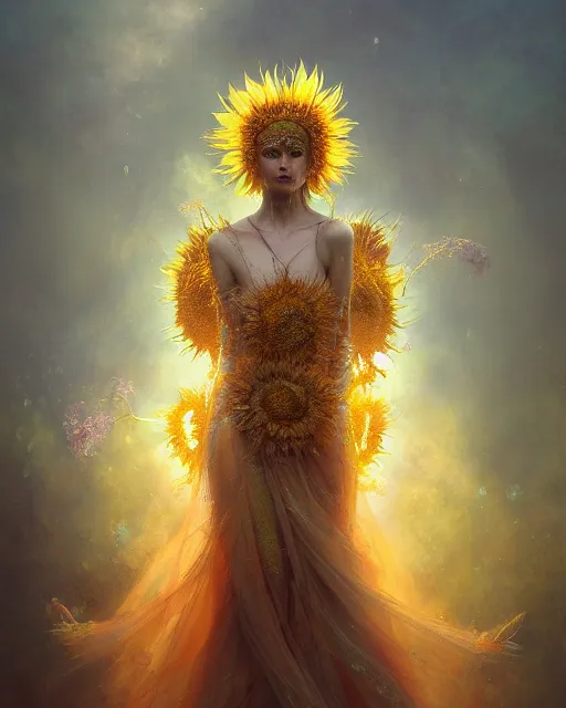 Image similar to Full View Portrait Mystical ethereal sunflower deity wearing beautiful dress, sunflower Dryad beautiful dress, 4k digital masterpiece by Greg Rutkowski and Ruan Jia and rossdraws, Alberto Seveso, fantasycore, Hyperdetailed, realistic oil on linen, soft lighting, Iconography background, featured on Artstation