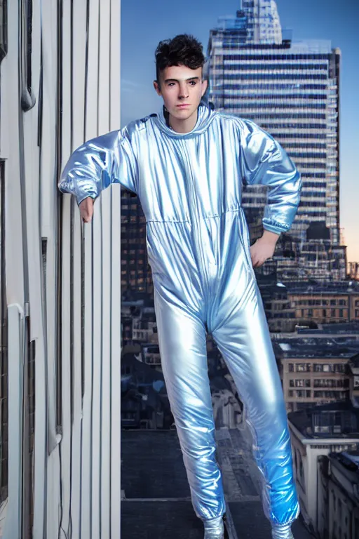 Image similar to un ultra high definition studio quality photographic art portrait of a young man standing on the rooftop of a british apartment building wearing soft baggy inflatable padded silver iridescent pearlescent clothing. three point light. extremely detailed. golden ratio, ray tracing, volumetric light, shallow depth of field. set dressed.