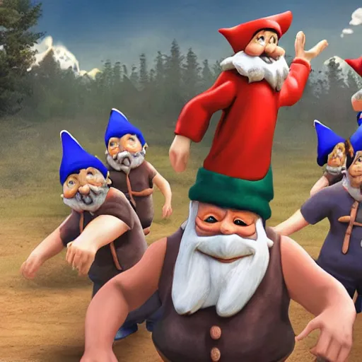 Image similar to pack of gnomes chasing a scared man with arms flailing behind him