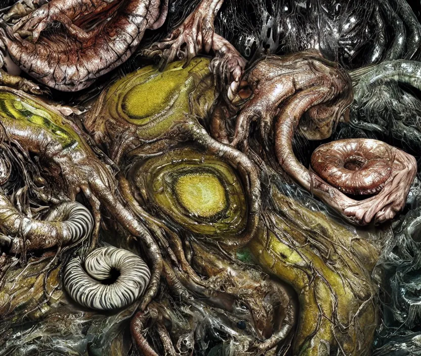 Image similar to a high resolution photo of a complex slimey creature nature forest, grown together various animal eyes, computer veins wrinkles, cracked plastic wrap, gills morph scales merged in fur skin, wrinkled muscles skin, veins merged feet head, displacement, black hole, distorted animal head face eyes arms tail