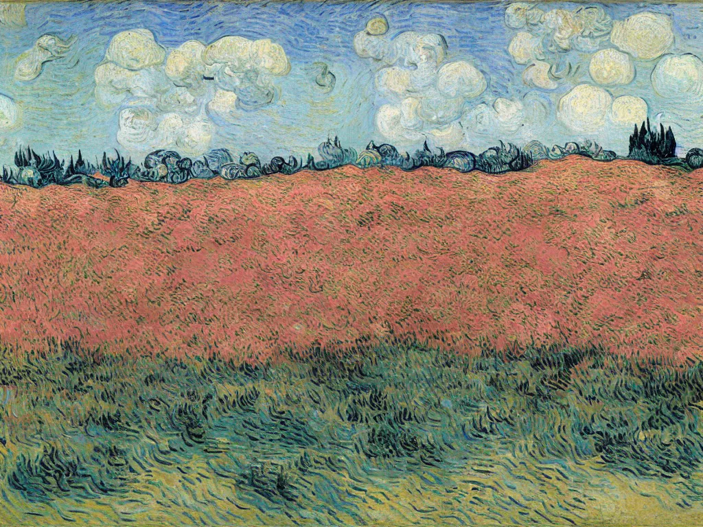 Prompt: pink wheat field and cypresses by van gogh