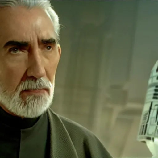 Prompt: Count Dooku standing on ledge observing dark dimly lit droid factory star wars still shot from Attack of The clones 720p