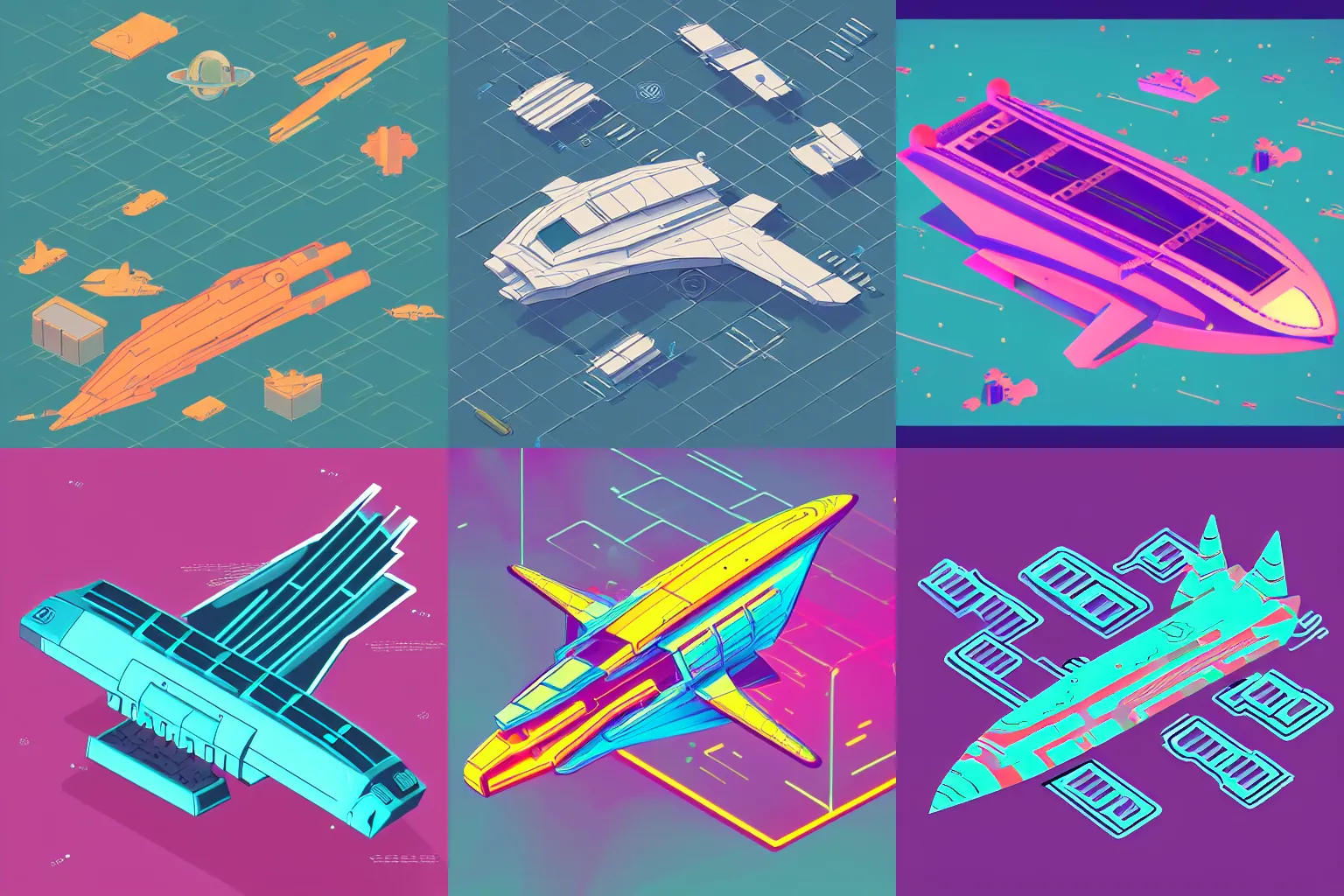 Image similar to spaceship, synthwave style, isometric illustration, technical drawing, vector art