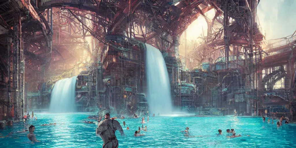 Image similar to beautiful pool waterfalls surrounded by alien robots, steel archways, industrial buildings, rusty metal towers, sun setting, ross tran, fantasy, james jean, peter morbacher, angelarium, alchemy, luxury, heavenly light, soft illumination, trending on artstation, cinematic lighting, digital painting, octane render, artgerm